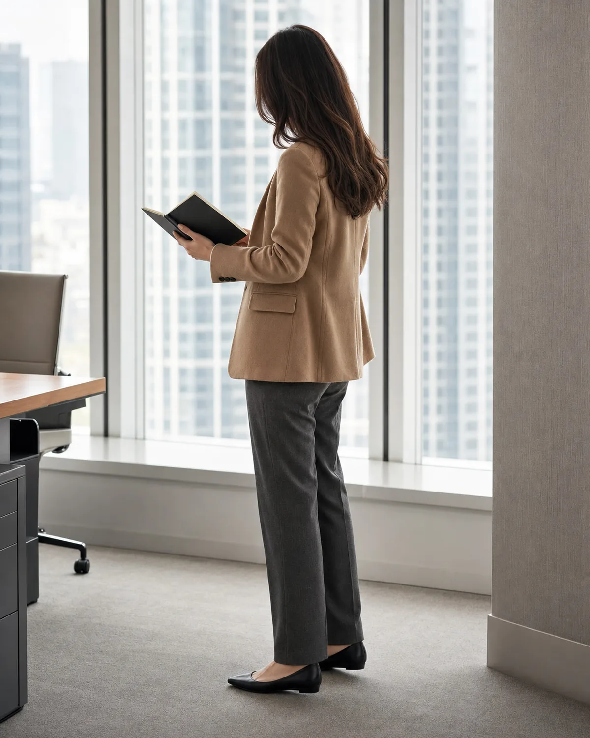A woman standing back-three-quarter by a window reading a notebook, wearing a camel blazer over a cream silk blouse with charcoal tailored trousers and black pointed-toe flats