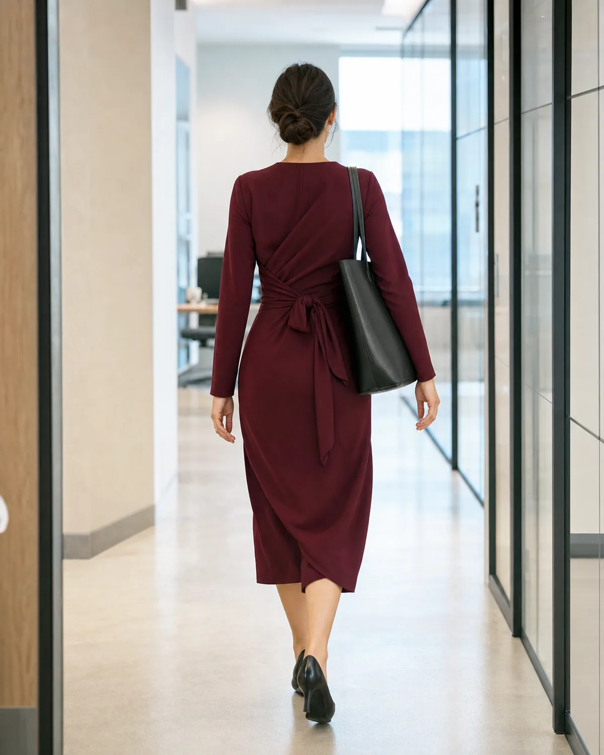 A woman walking away through an office corridor wearing a deep burgundy crepe midi wrap dress with a side-back tie, black closed-toe pumps and a structured black leather tote on one shoulder