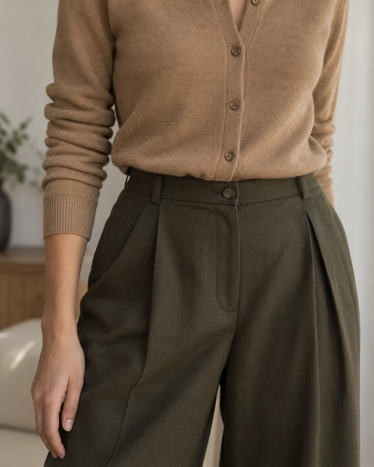 Close crop on the waist area from mid-chest to upper thigh of a woman wearing a camel button-front cardigan tucked into dark olive pleated wide-leg trousers with the waistband sitting flat and buttons visible
