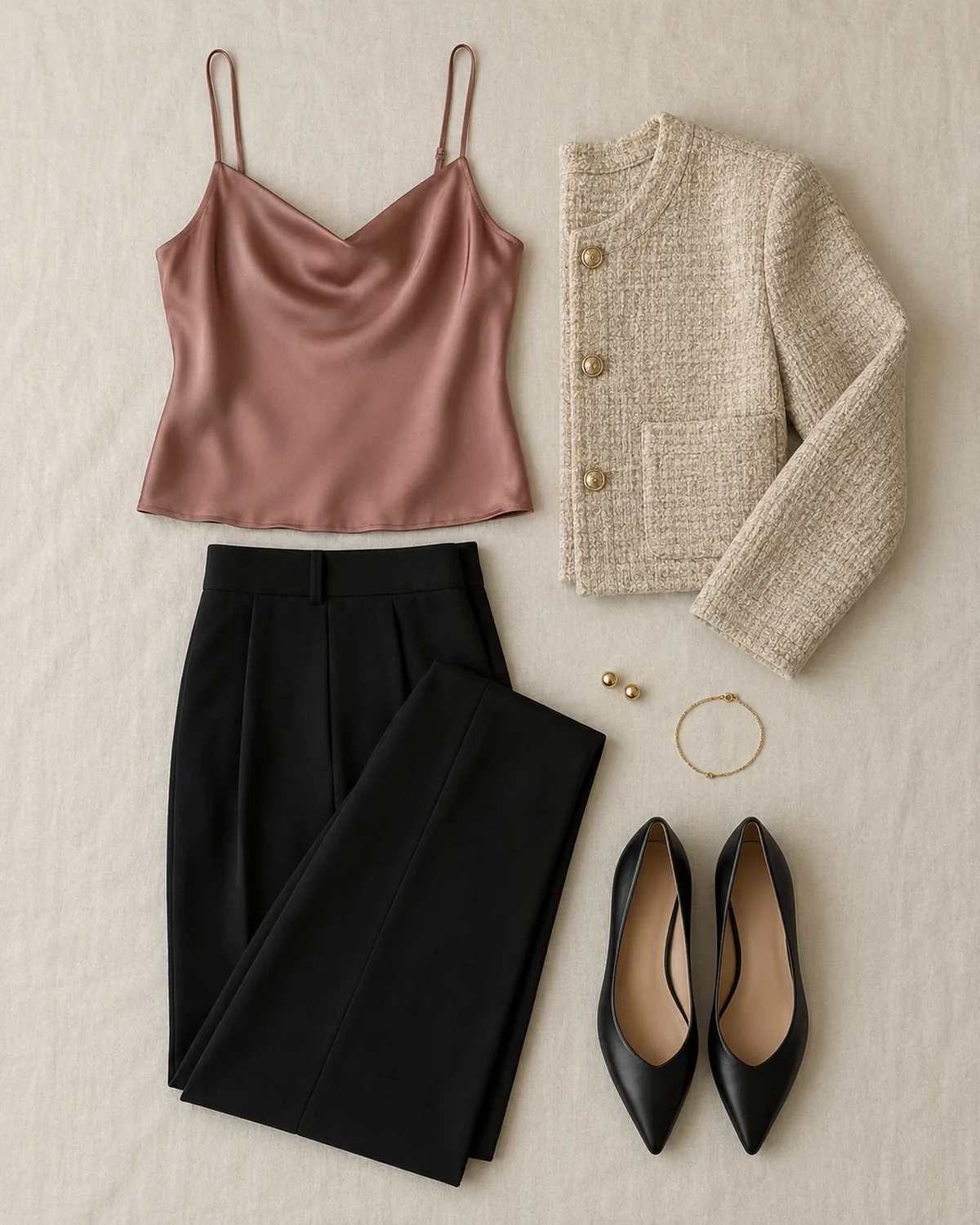 Overhead flat lay of a complete outfit on a cream linen surface: a dusty rose satin camisole, an oatmeal textured cropped knit jacket with gold buttons, black straight-leg crepe trousers, black pointed-toe leather flats, gold stud earrings and a thin gold bracelet