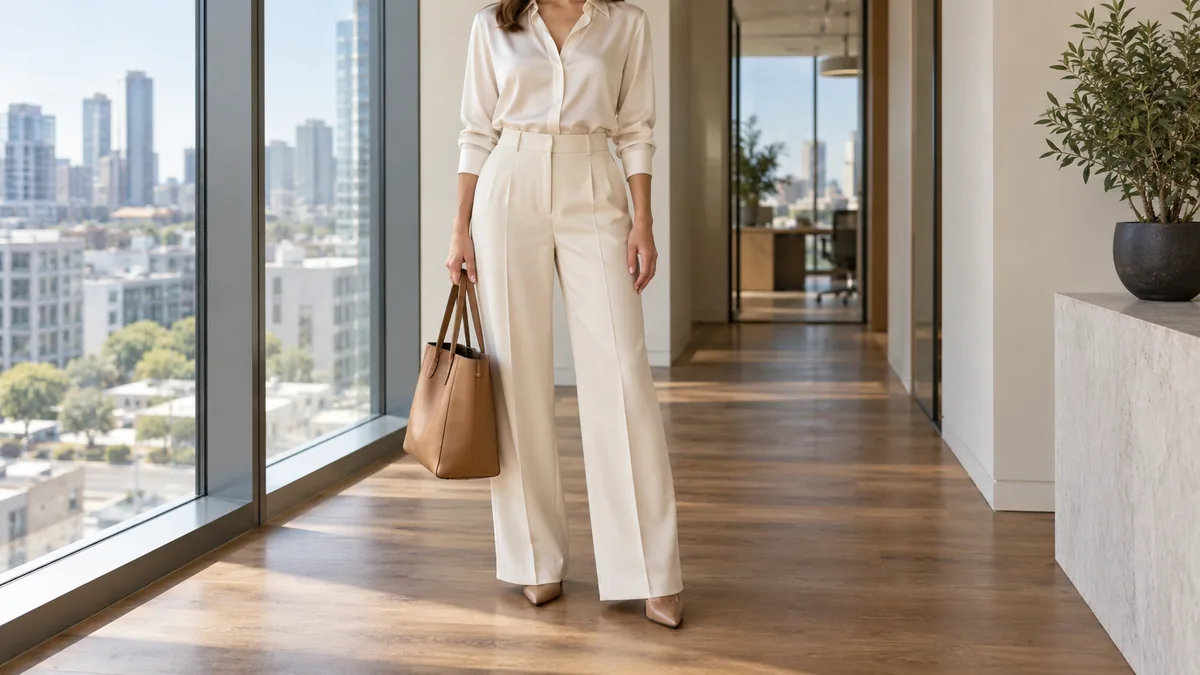 A woman in tailored cream wide-leg trousers and a tucked ivory silk blouse standing in a modern office corridor with a structured tan leather tote