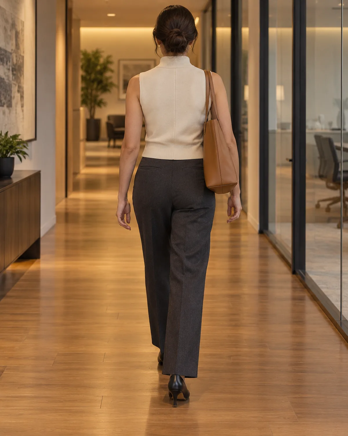 A woman walking away from the camera down a modern office corridor wearing dark wool straight-leg trousers and a cream sleeveless mock-neck shell with a tan structured leather tote on her shoulder