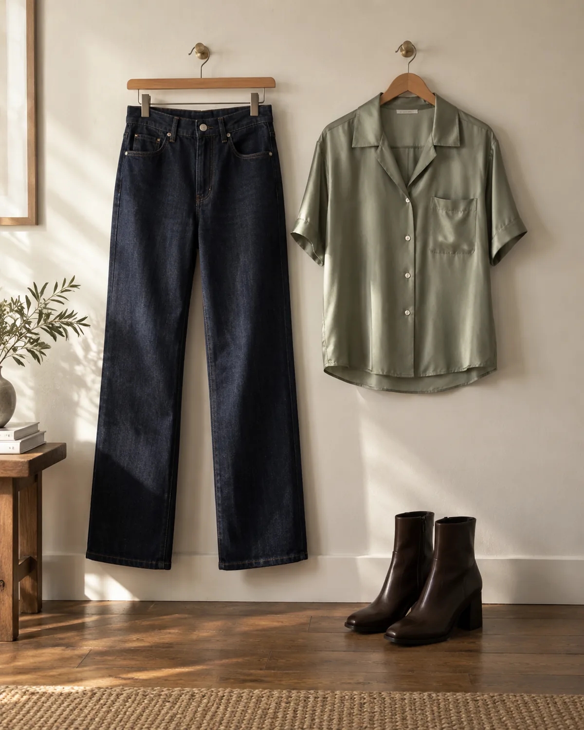 Dark indigo trouser jeans and a sage silk camp-collar shirt hanging on wooden hangers against an off-white wall with dark brown leather block-heel ankle boots placed below on a wood floor