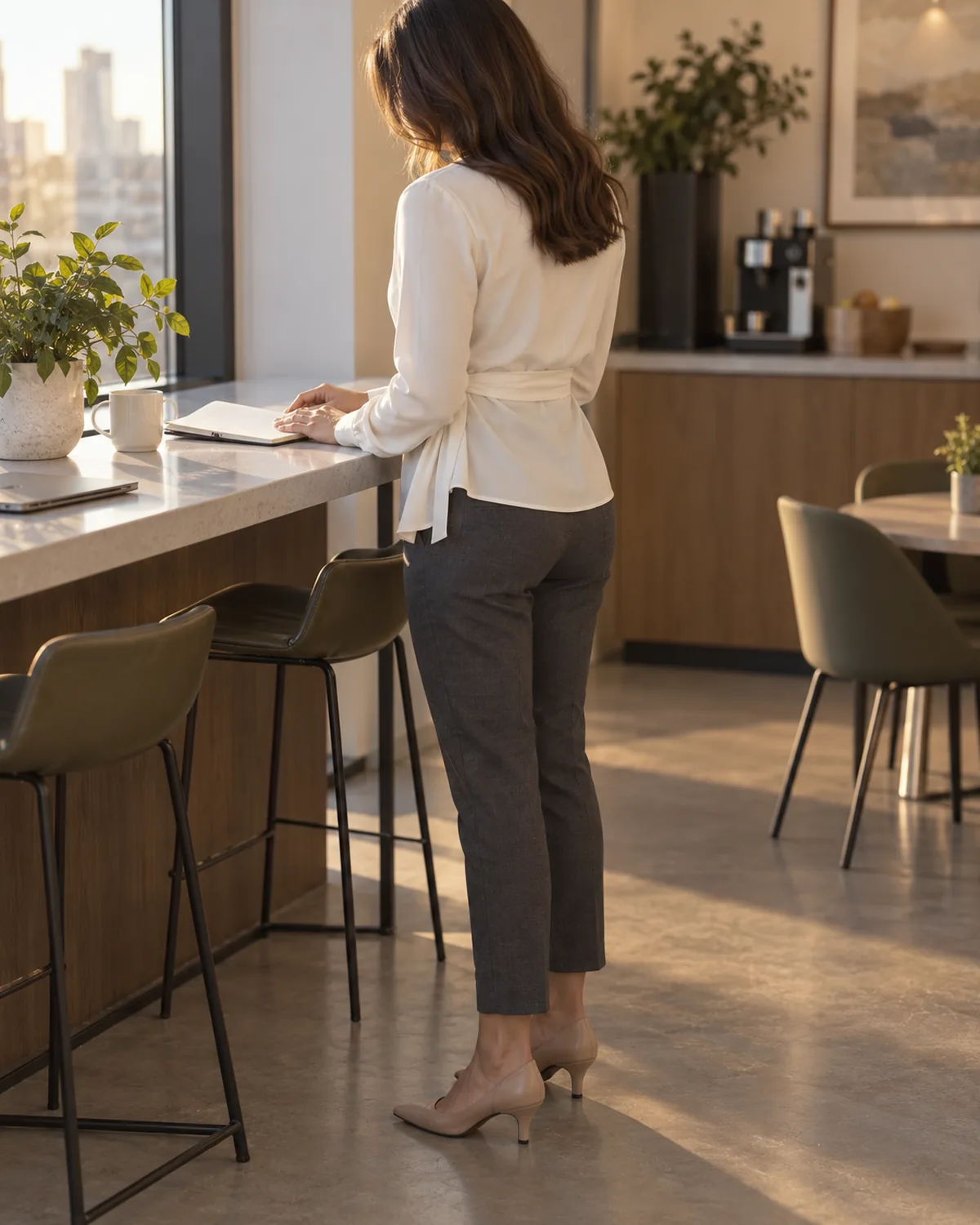 A woman seen from a back-three-quarter angle standing at a counter in an office break area wearing dark grey slim ankle-length trousers and a white draped wrap blouse with the wrap tie visible at the side waist and nude kitten-heel shoes