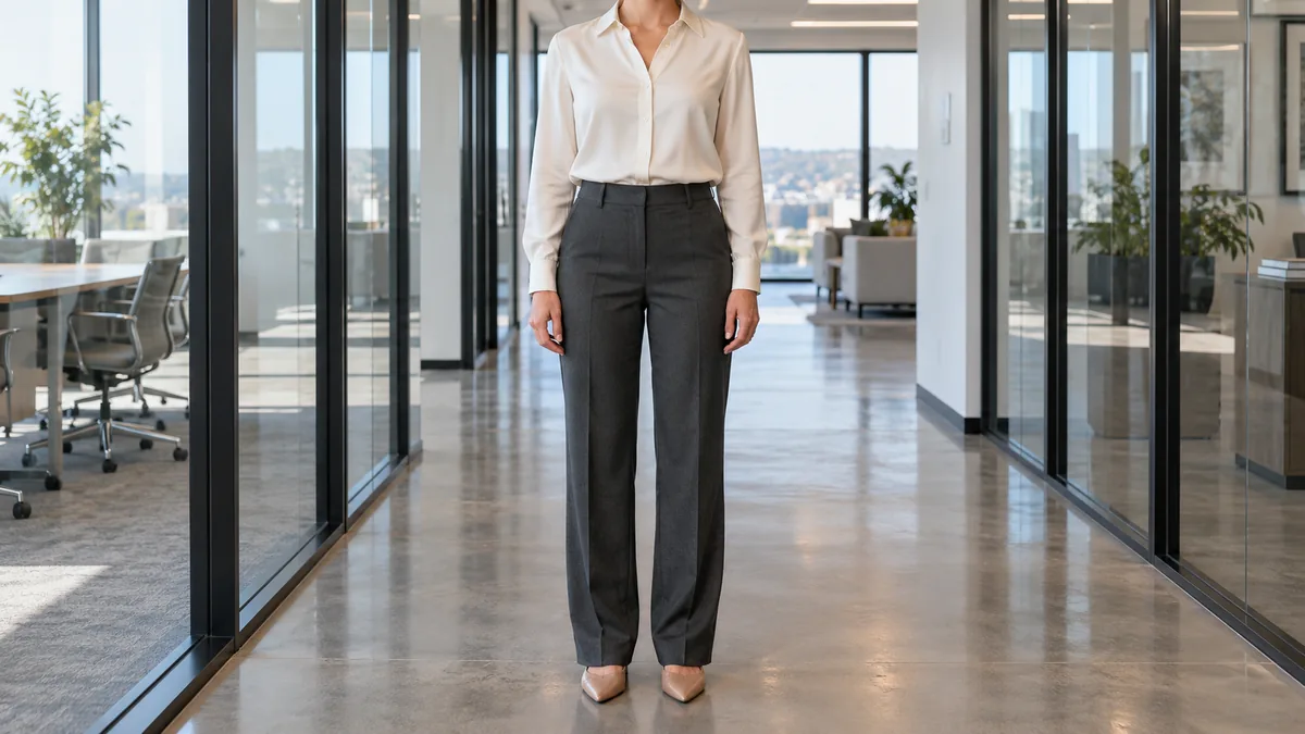 A woman in charcoal tailored trousers and an ivory silk blouse standing in a modern office corridor with glass partition walls