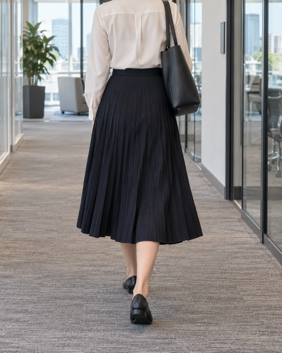 A woman walking away down an office corridor wearing a dark pleated A-line midi skirt and a cream button-front blouse tucked in with a black tote bag on her shoulder