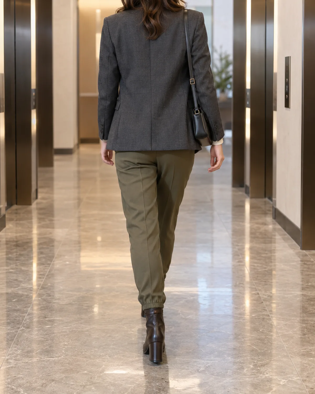 A woman walking away from the camera through an elevator lobby wearing olive stretch twill jogger trousers with elastic ankle hems and a dark grey unstructured blazer with a black crossbody bag