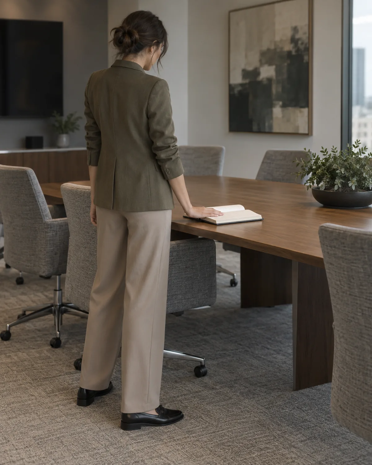 A woman seen from the back at a three-quarter angle standing at a conference table in an olive relaxed-fit blazer with taupe pull-on crepe trousers and black loafers