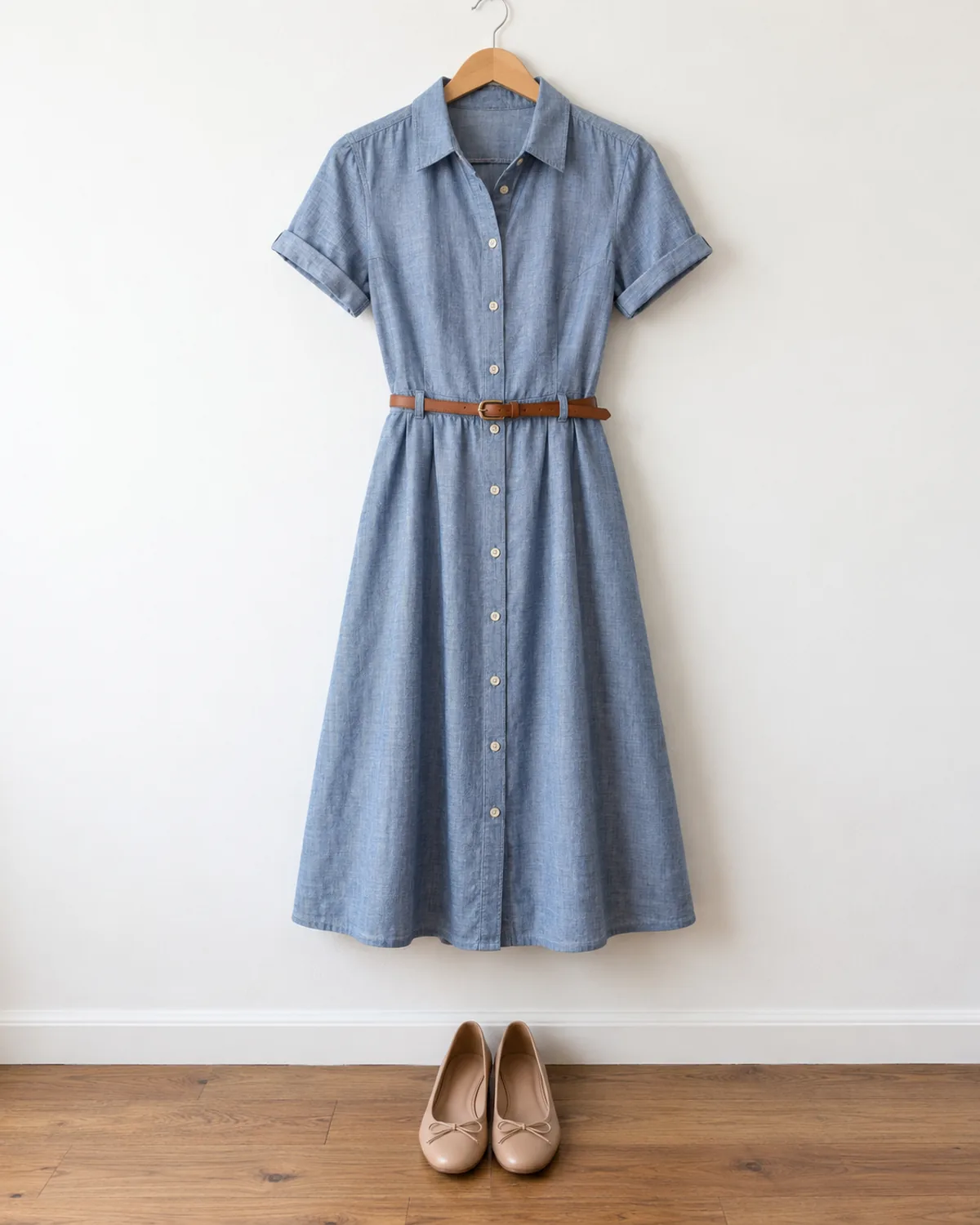 A light chambray cotton-blend shirt dress hanging on a wooden hanger against a white wall with a thin cognac leather belt threaded through the waist loops and nude cushioned ballet flats with a bow placed below on the floor