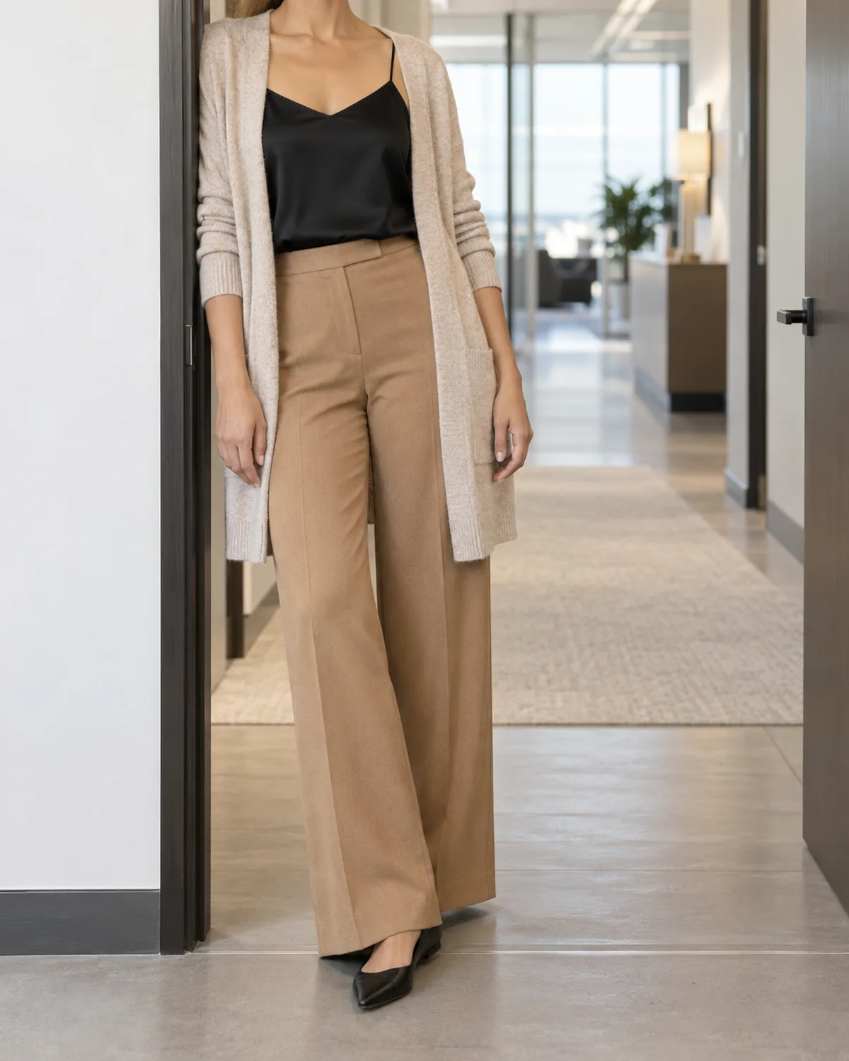 A woman leaning her right shoulder against an office doorframe wearing camel stretch-wool wide-leg trousers with a black silk camisole and an oatmeal longline open cardigan