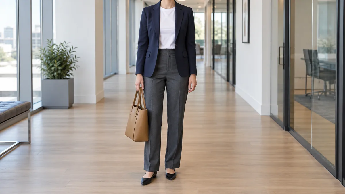 A woman standing straight-on in a modern office corridor wearing charcoal ponte straight-leg trousers with a tucked white cotton tee and an open navy blazer holding a tan leather tote