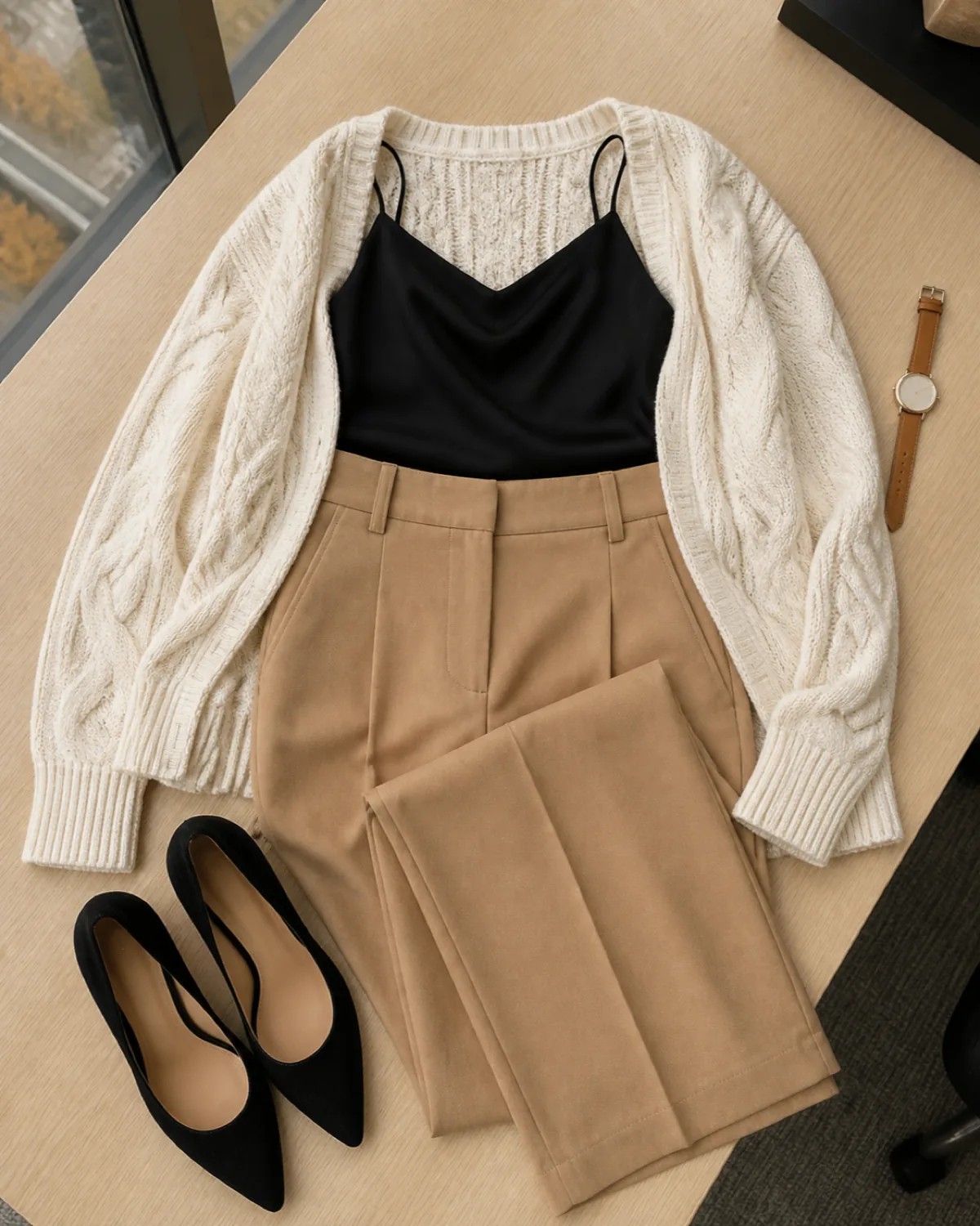 Overhead flat-lay of a cream cable-knit cardigan, black silk camisole, camel wide-leg trousers, black suede pumps, and a leather watch on a light oak desk