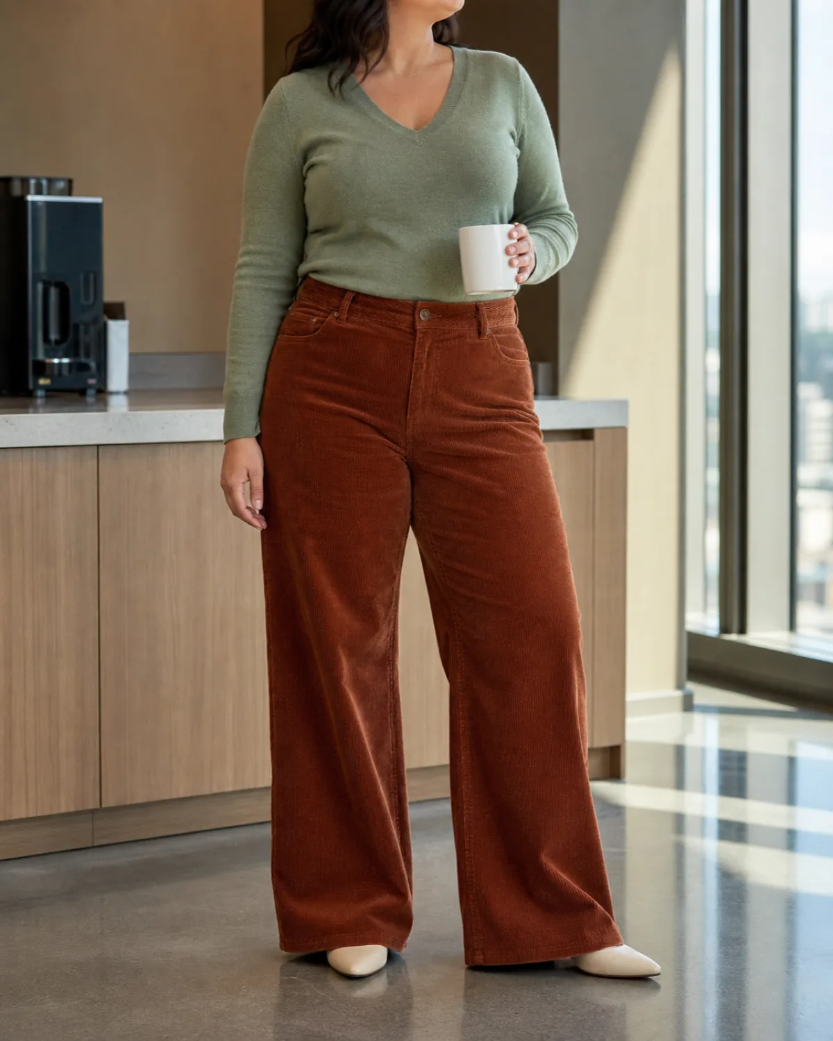 A midsize woman holding a coffee mug in a break room wearing rust corduroy wide-leg trousers and a sage green V-neck sweater