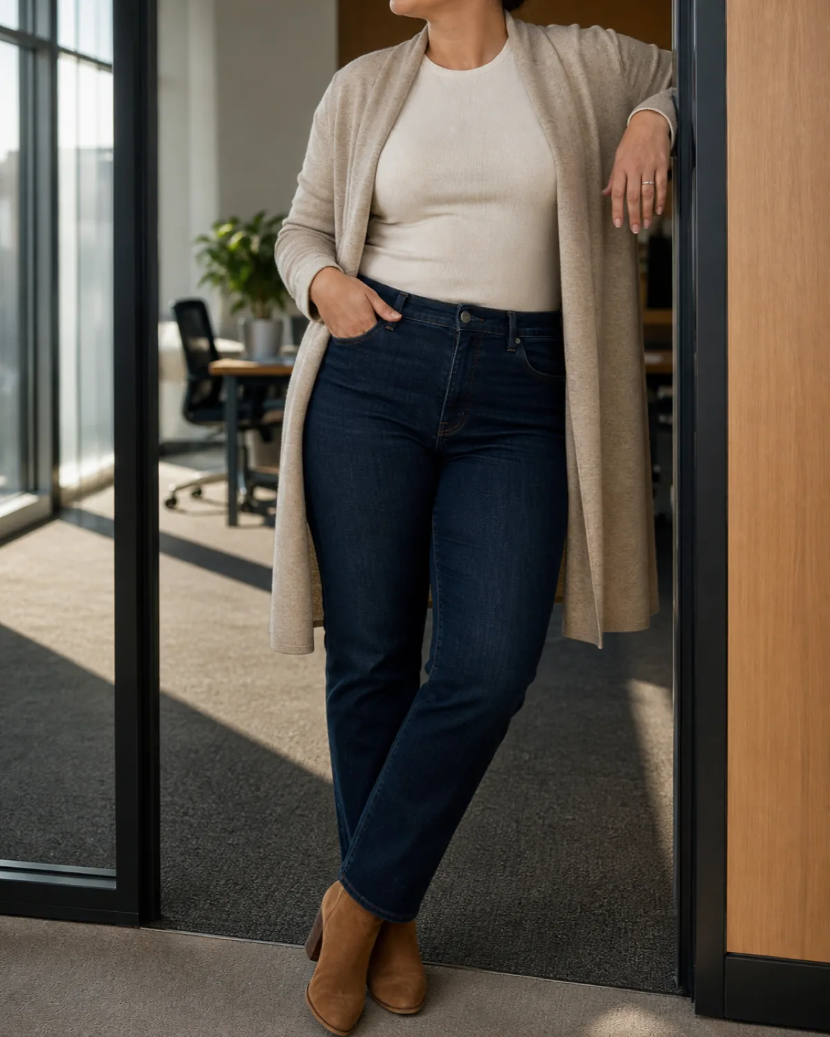 A midsize woman leaning in an office doorway wearing dark wash jeans, a cream knit top, and a long oatmeal cardigan with suede ankle boots