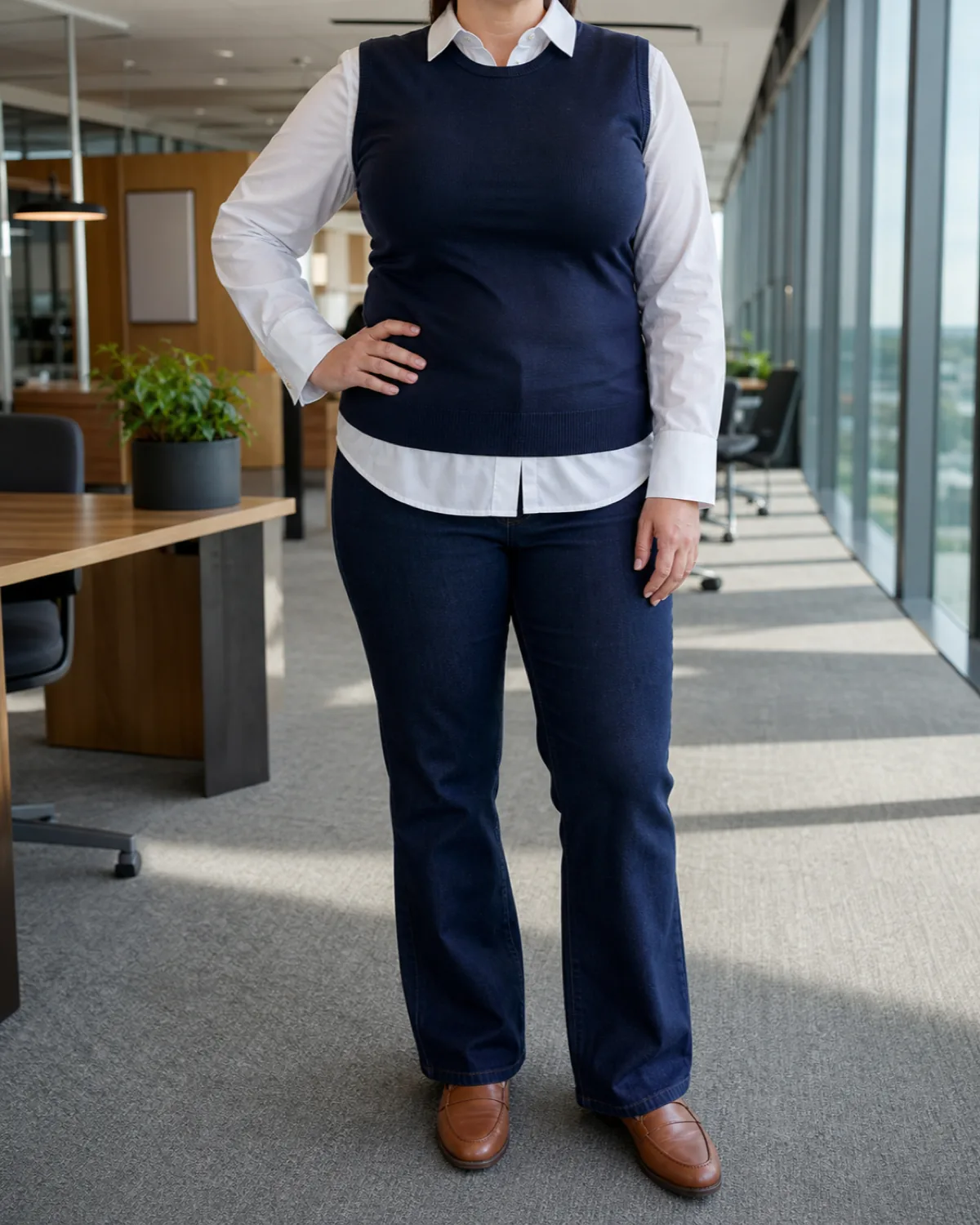 A midsize woman standing with one hand on hip in an office wearing a navy fitted vest over a white blouse and dark trouser jeans with cognac loafers