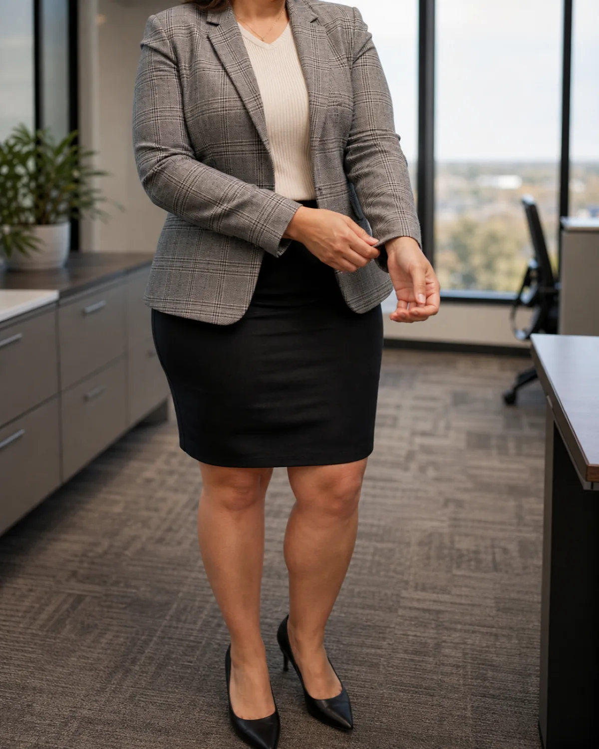 A midsize woman adjusting her cuff in an office wearing a grey plaid blazer over a cream knit top and black pencil skirt
