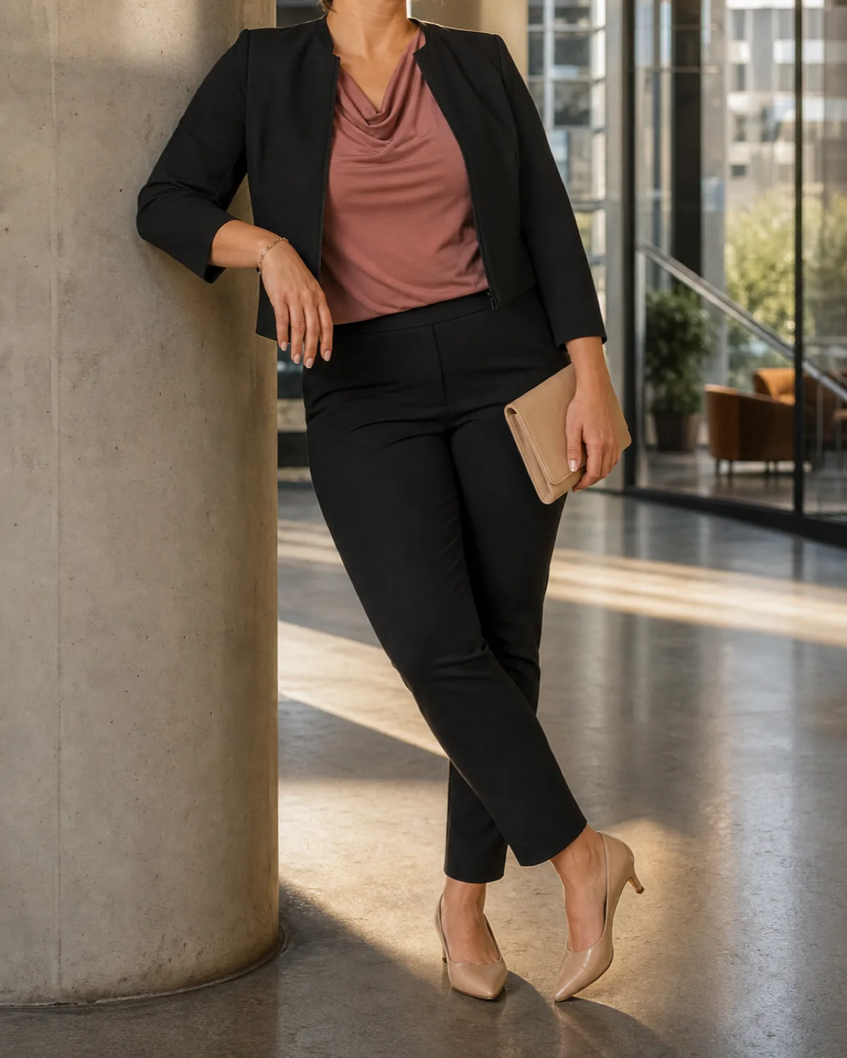 A midsize woman leaning against a concrete column in a modern office atrium wearing black ponte cigarette pants, a dusty rose draped blouse, and a cropped black jacket with nude kitten heels