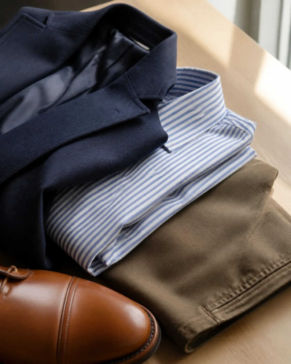 Stacked detail macro of a navy relaxed blazer, blue-and-white striped shirt, dark khaki chinos, and a cognac leather oxford on a light maple desk