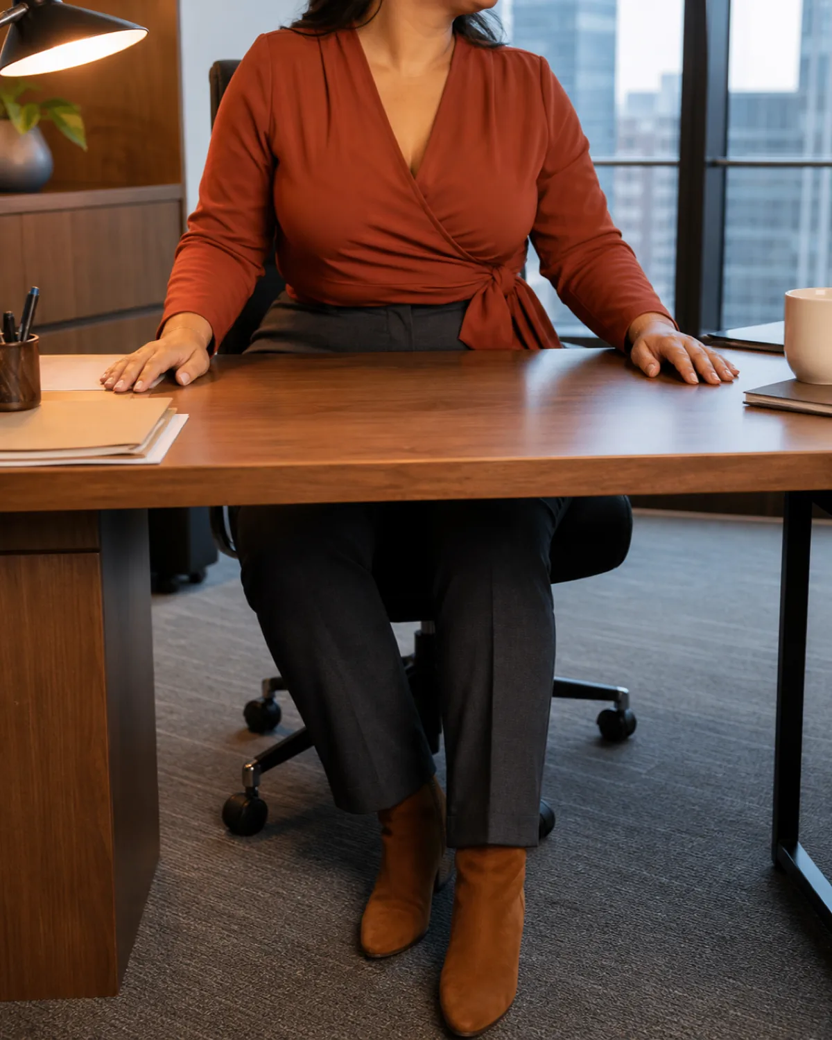 A midsize woman seated at a desk wearing a rust wrap blouse with side tie, charcoal trousers, and cognac suede ankle boots