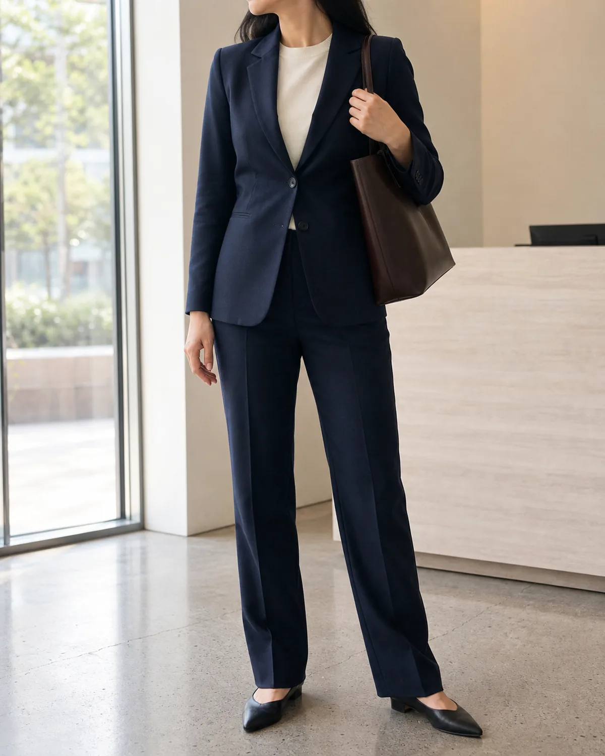 A woman in a navy wool suit with a cream knit visible at the neckline, standing in a modern office lobby with a floor-to-ceiling window and a brown leather tote on her shoulder