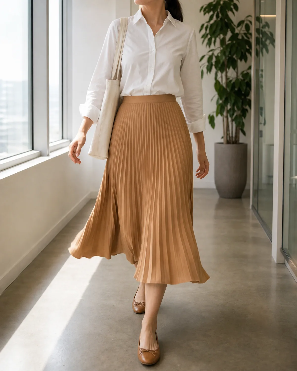 A woman walking mid-stride down a bright office corridor in a camel pleated midi skirt, white cotton blouse, and tan ballet flats, carrying a canvas tote on her shoulder