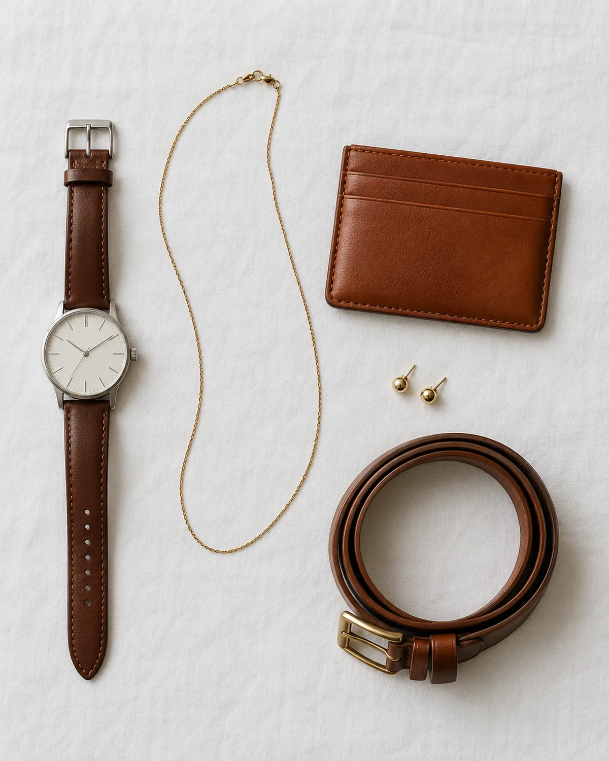 Overhead flat-lay on a white linen surface showing a curated set of minimal work accessories including a silver watch with a leather strap and a thin gold chain necklace and a cognac leather card wallet and small gold stud earrings and a cognac leather belt coiled neatly