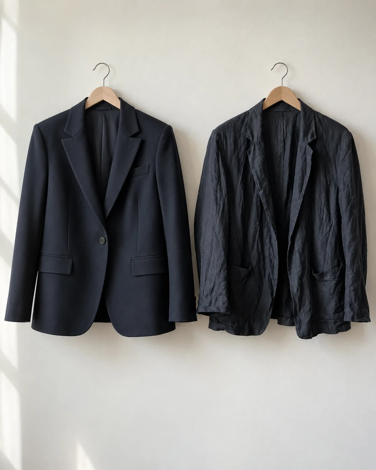 Two blazers hanging side by side on wooden hangers against a white wall showing the left blazer in dark navy ponte holding its structure crisply and the right blazer in dark wrinkled linen visibly limp and creased