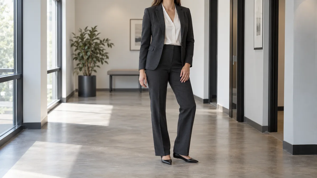 A woman in a dark charcoal wool-blend blazer over a white blouse and charcoal tailored trousers standing in a modern office hallway with natural light from the left