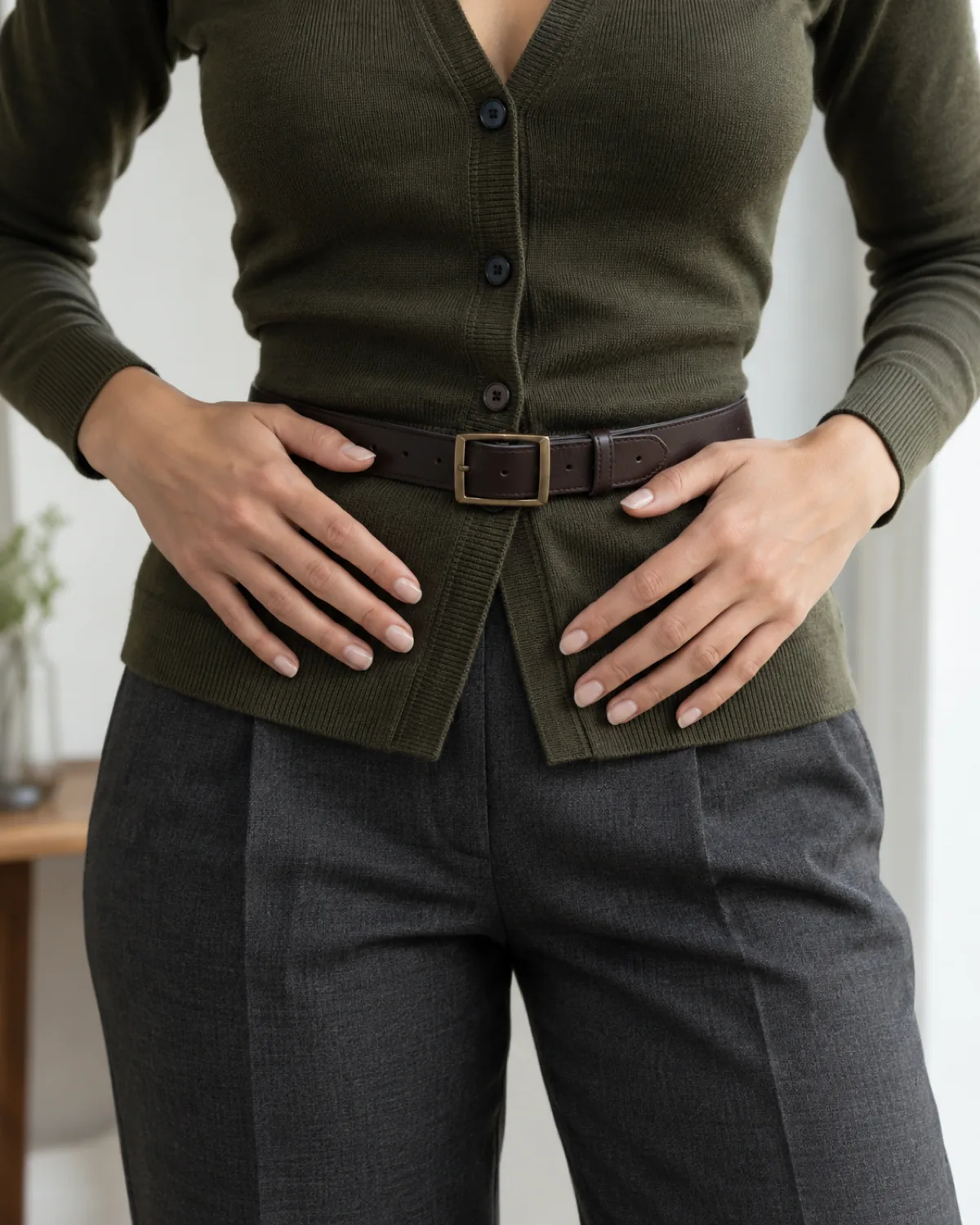 Close crop of a woman's waist area showing a dark olive fine-gauge cardigan buttoned with dark buttons and cinched with a dark brown leather belt with a rectangular buckle over charcoal trousers, both hands resting flat on the front of the cardigan