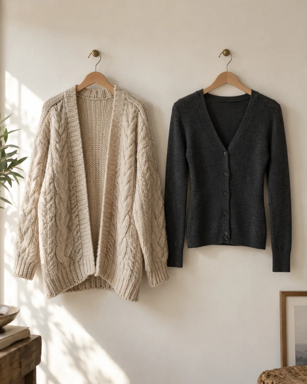Two cardigans hanging side by side on wooden hangers against an off-white wall, a slouchy oversized oatmeal chunky cable-knit on the left and a fitted dark charcoal fine-gauge V-neck with clean edges on the right