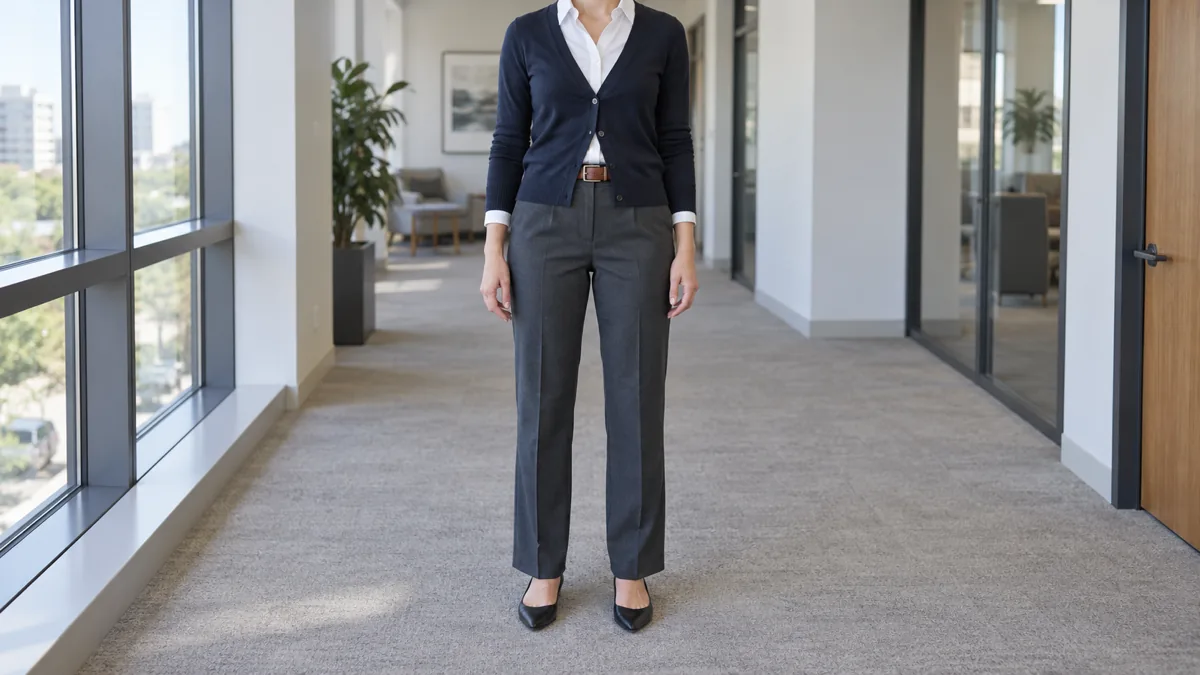 A woman standing straight-on in a modern office hallway wearing a dark navy fine-gauge V-neck cardigan buttoned over a white blouse tucked into charcoal tailored trousers with a cognac belt and black pointed-toe flats