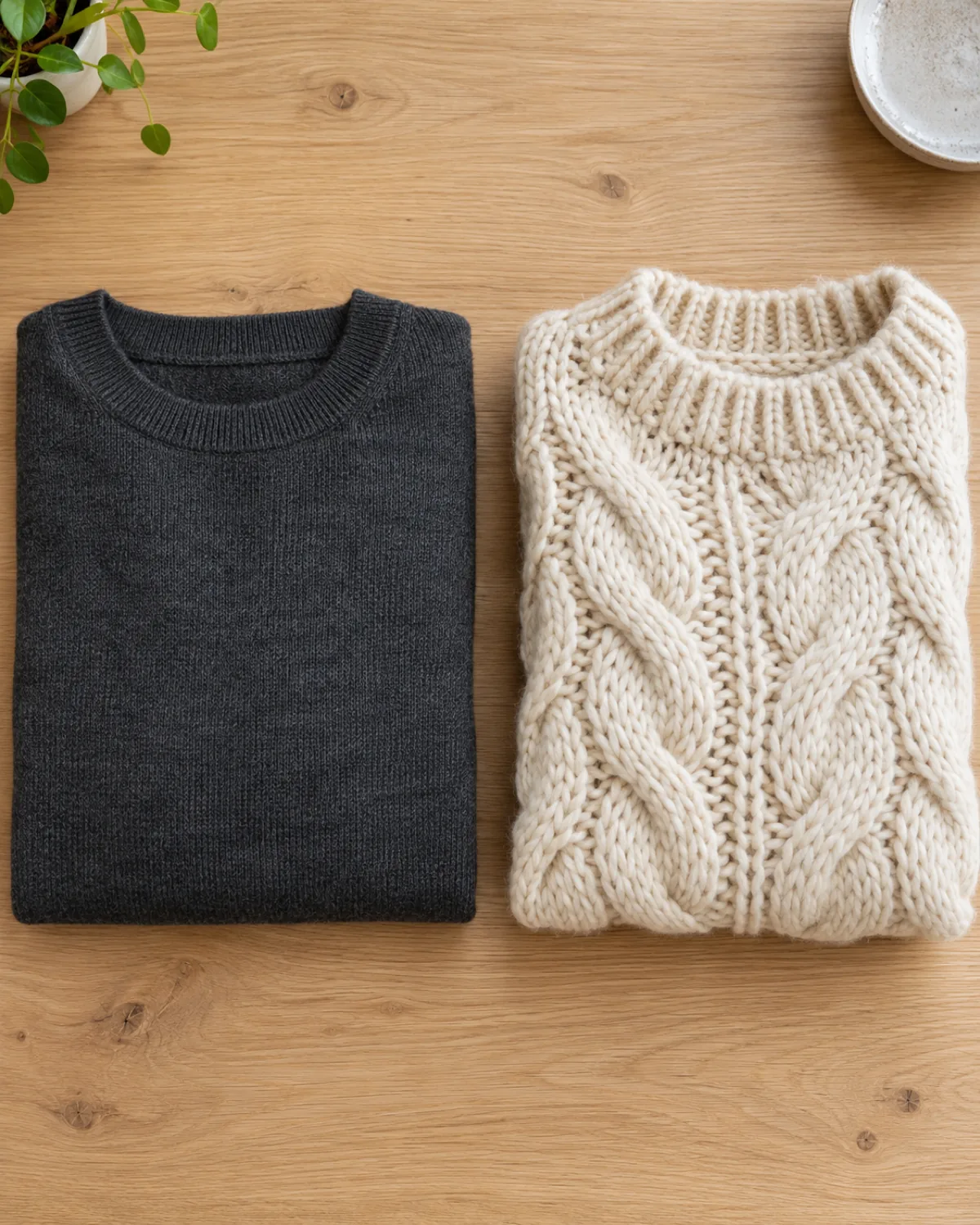 Overhead flat-lay of two folded knit fabrics on a light oak desk, a smooth dense fine-gauge charcoal merino on the left and a thick chunky cream cable-knit on the right showing the texture difference