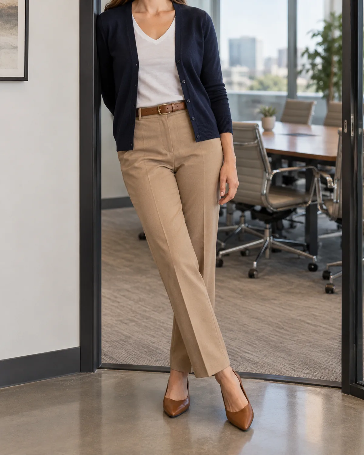 A woman leaning her right shoulder against a modern office doorframe wearing a dark navy fine-gauge V-neck cardigan left open over a white V-neck tee tucked into camel straight-leg trousers with a tan leather belt and cognac low heels, conference room visible behind her