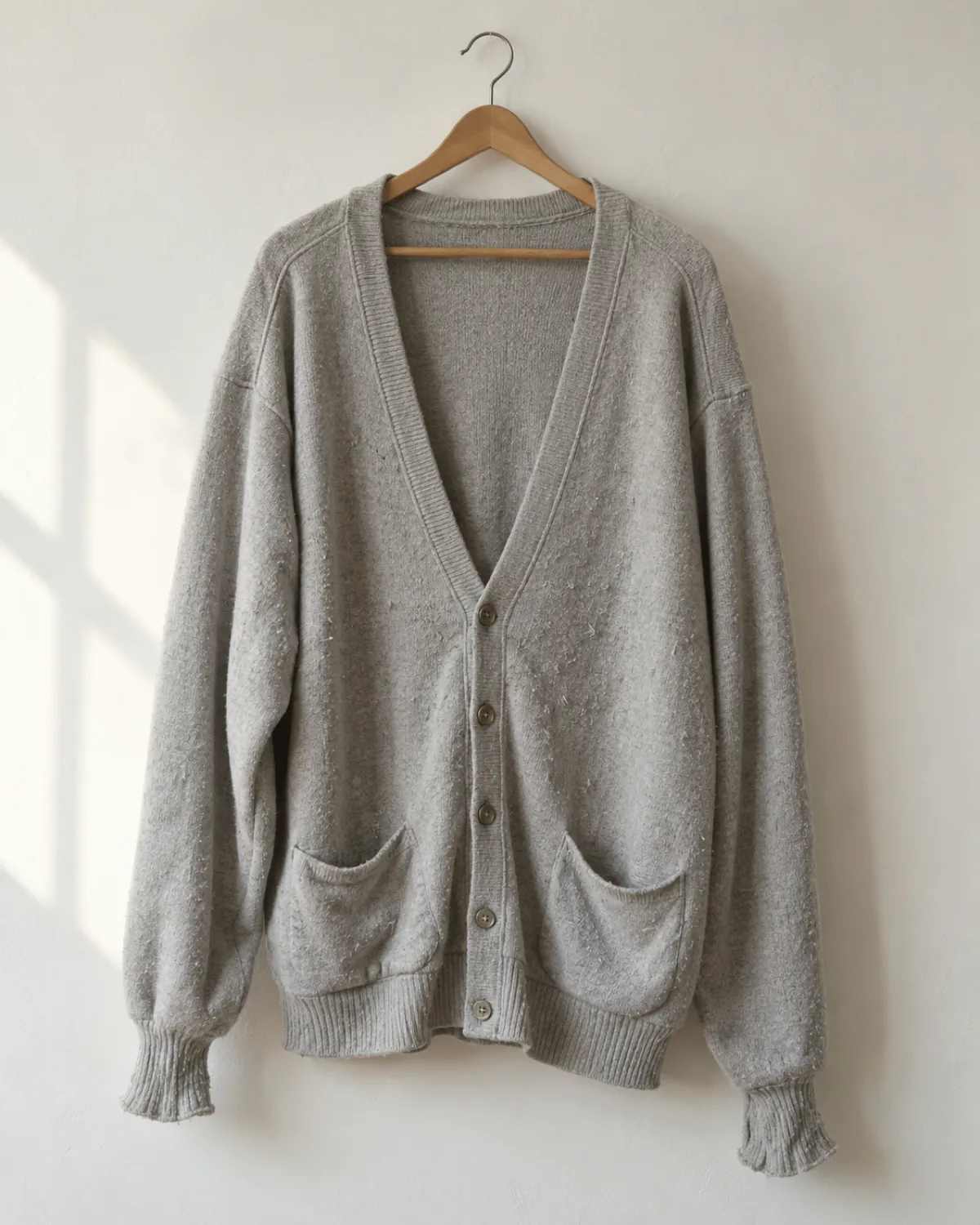 A worn light grey cardigan on a wooden hanger against a white wall showing visible pilling across the front panels, stretched-out saggy pockets and misshapen drooping shoulders