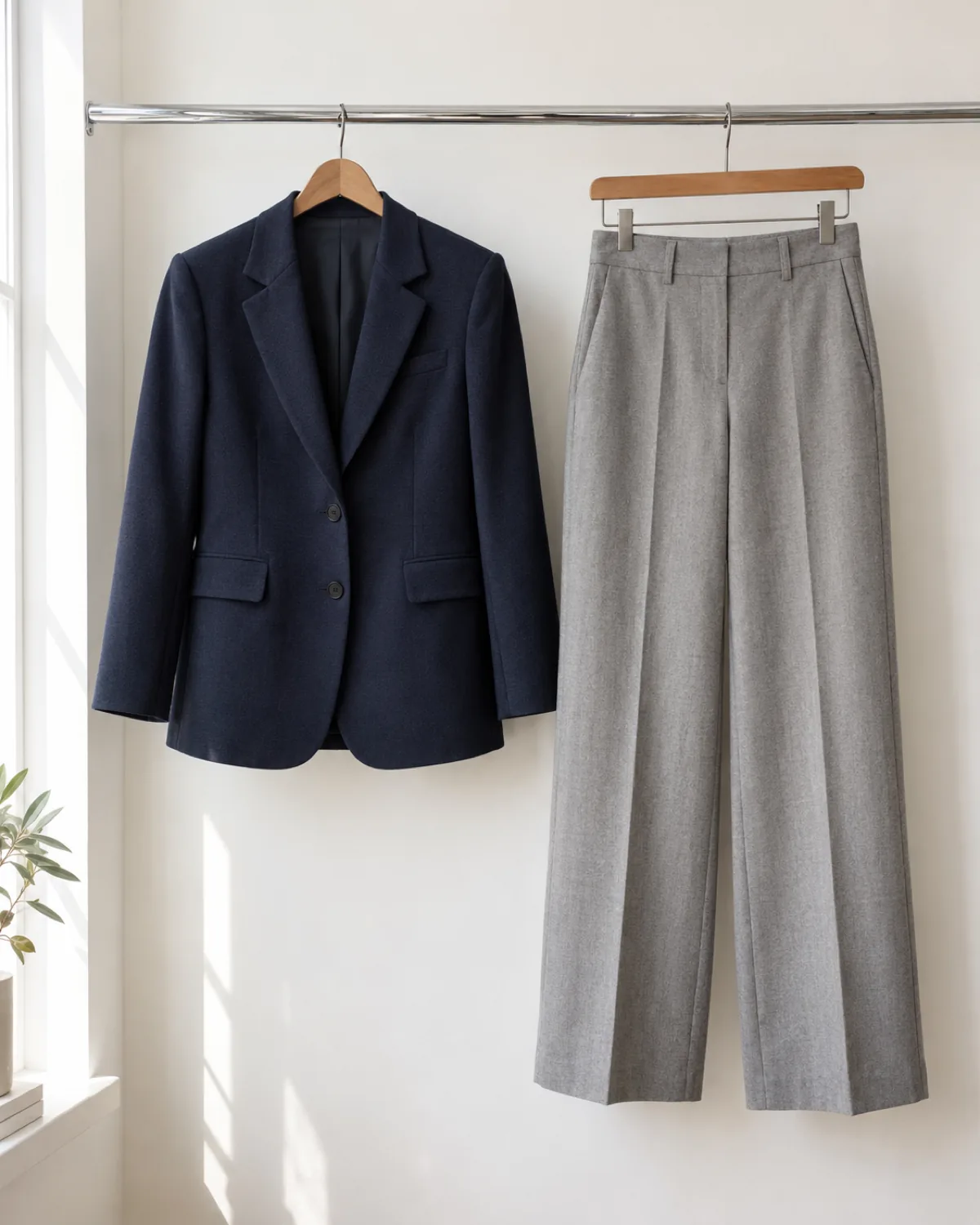 A fitted navy wool blazer and light grey wide-leg wool crepe trousers hanging on wooden hangers side by side against a white wall showing the structured blazer shoulder next to the relaxed trouser drape