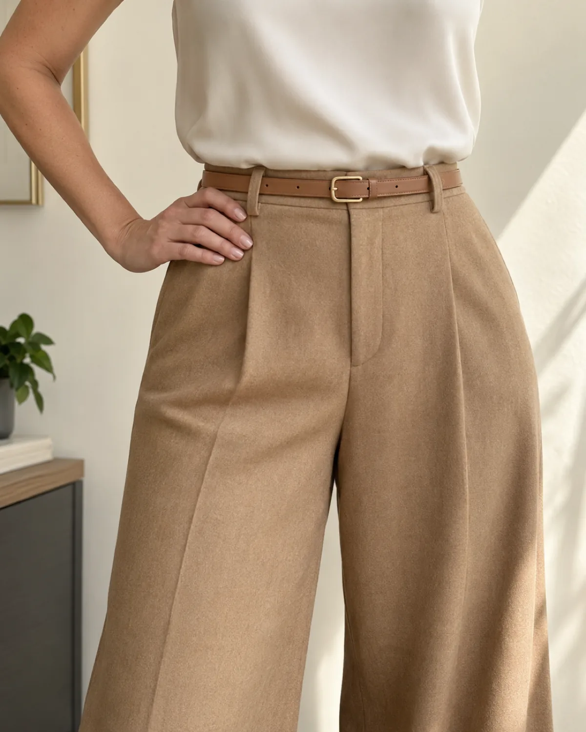 Close crop from just below the bust to mid-thigh of a woman standing straight-on wearing camel high-waisted wide-leg wool trousers with a thin tan leather belt and an ivory silk shell blouse neatly tucked in showing the waistband and belt clearly