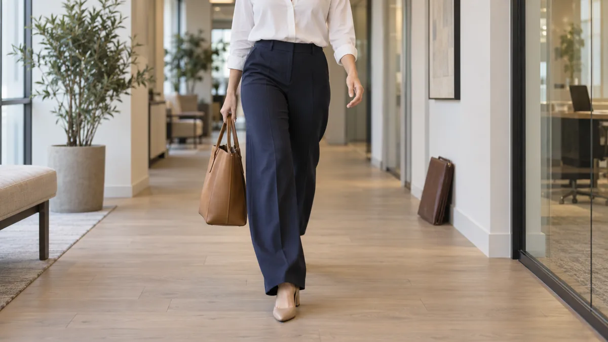 A woman walking mid-stride through a modern office corridor wearing navy wide-leg wool trousers with a clean break above nude block heels and a white poplin blouse tucked in at the front with a tan leather tote in her right hand