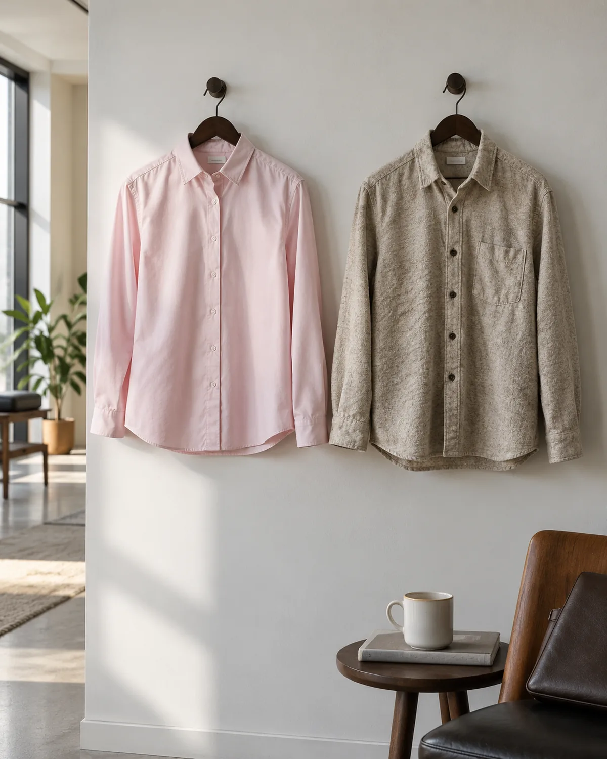 Two shirts hanging side by side on dark wooden hangers against a white wall, a thin light pink cotton poplin shirt on the left and a thick oatmeal nubby flannel shirt on the right showing the textural contrast between the two fabrics