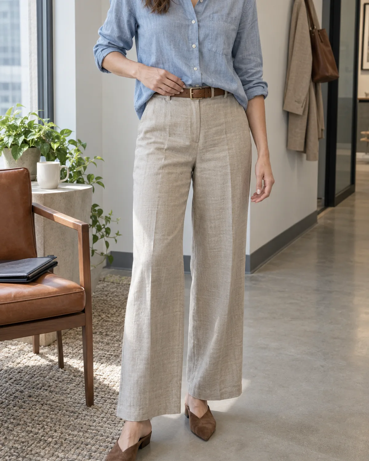 A woman from chin to below the knee wearing a light blue chambray blouse with only the front center panel tucked into oatmeal wide-leg linen trousers, the sides and back of the blouse hanging loose, with a tan leather belt and brown suede mules