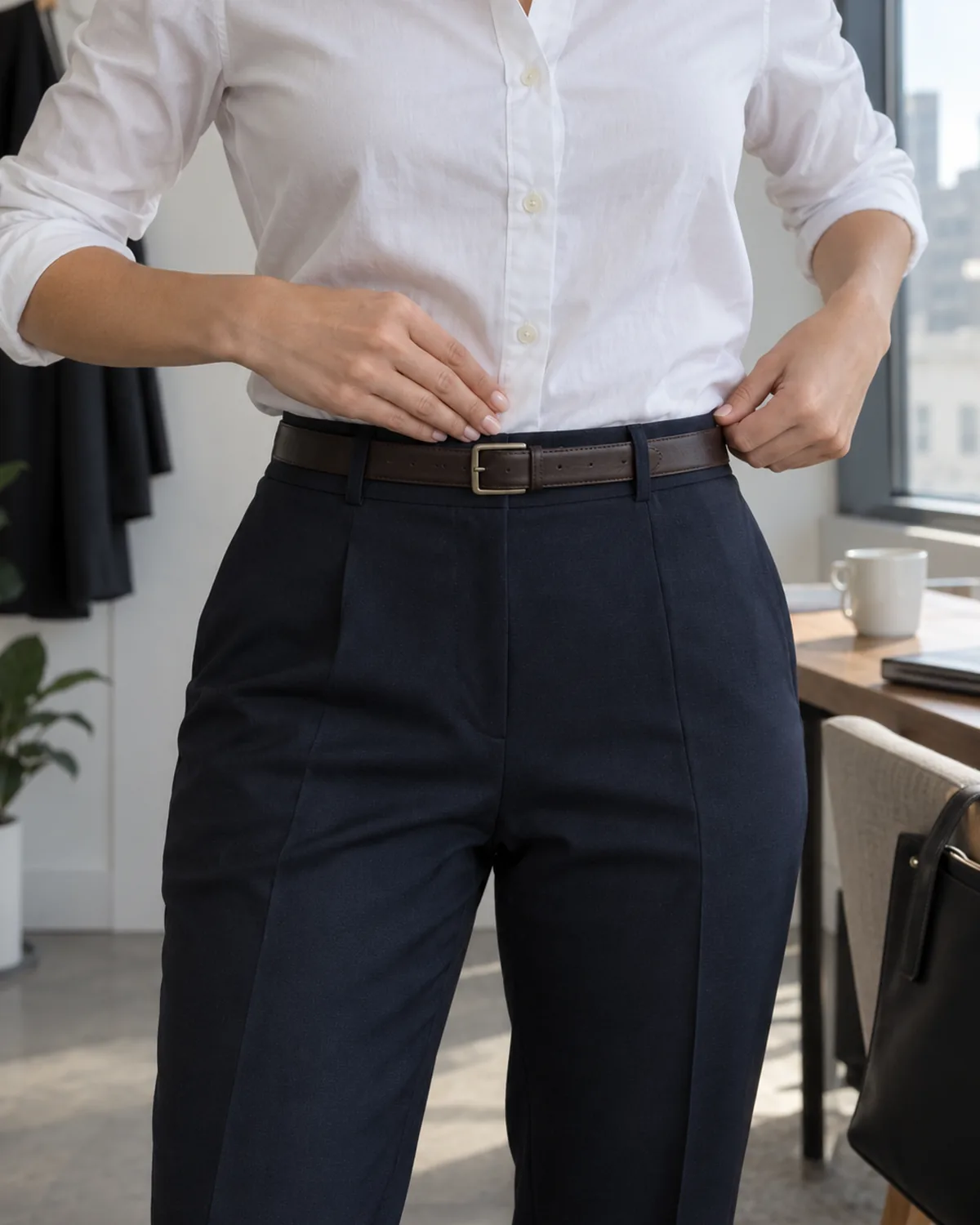 Close crop on a woman's waist showing a white cotton poplin shirt being smoothed into dark navy high-waisted trousers with both hands at the waistband and a dark brown leather belt with a plain rectangular buckle
