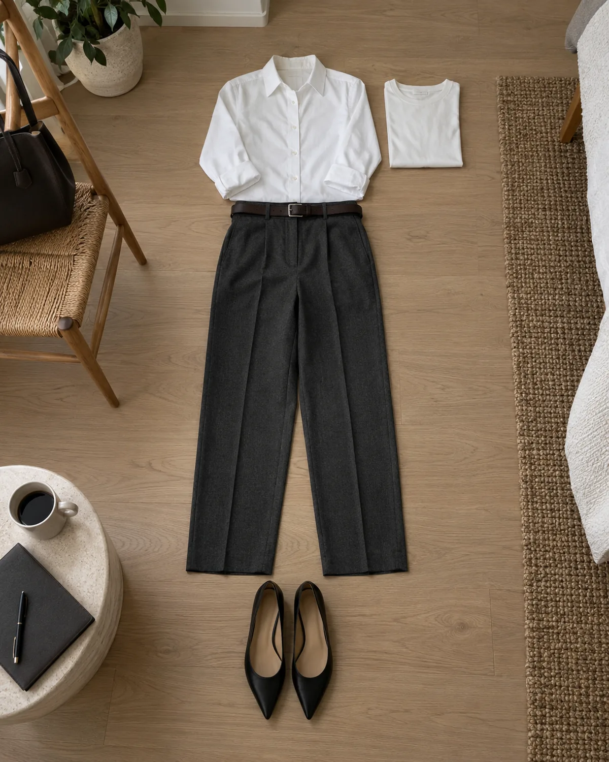 Overhead flat-lay on a pale oak surface showing a pressed white cotton button-down shirt above charcoal wool trousers with a dark brown leather belt threaded through the loops, a folded white cotton undershirt to the right and black pointed-toe leather flats below