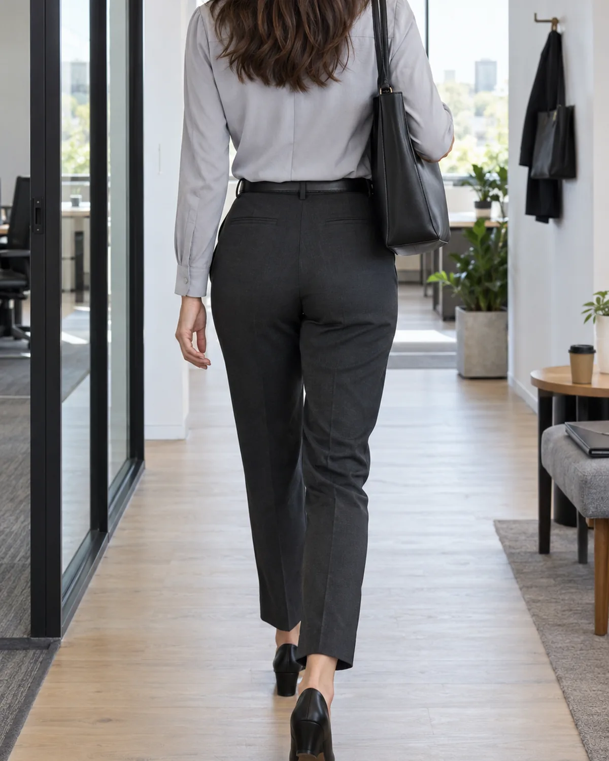 A woman walking away down a modern office corridor shot from behind wearing a pale grey blouse fully tucked into dark charcoal tailored trousers with a black leather belt and a black leather tote bag on her right shoulder