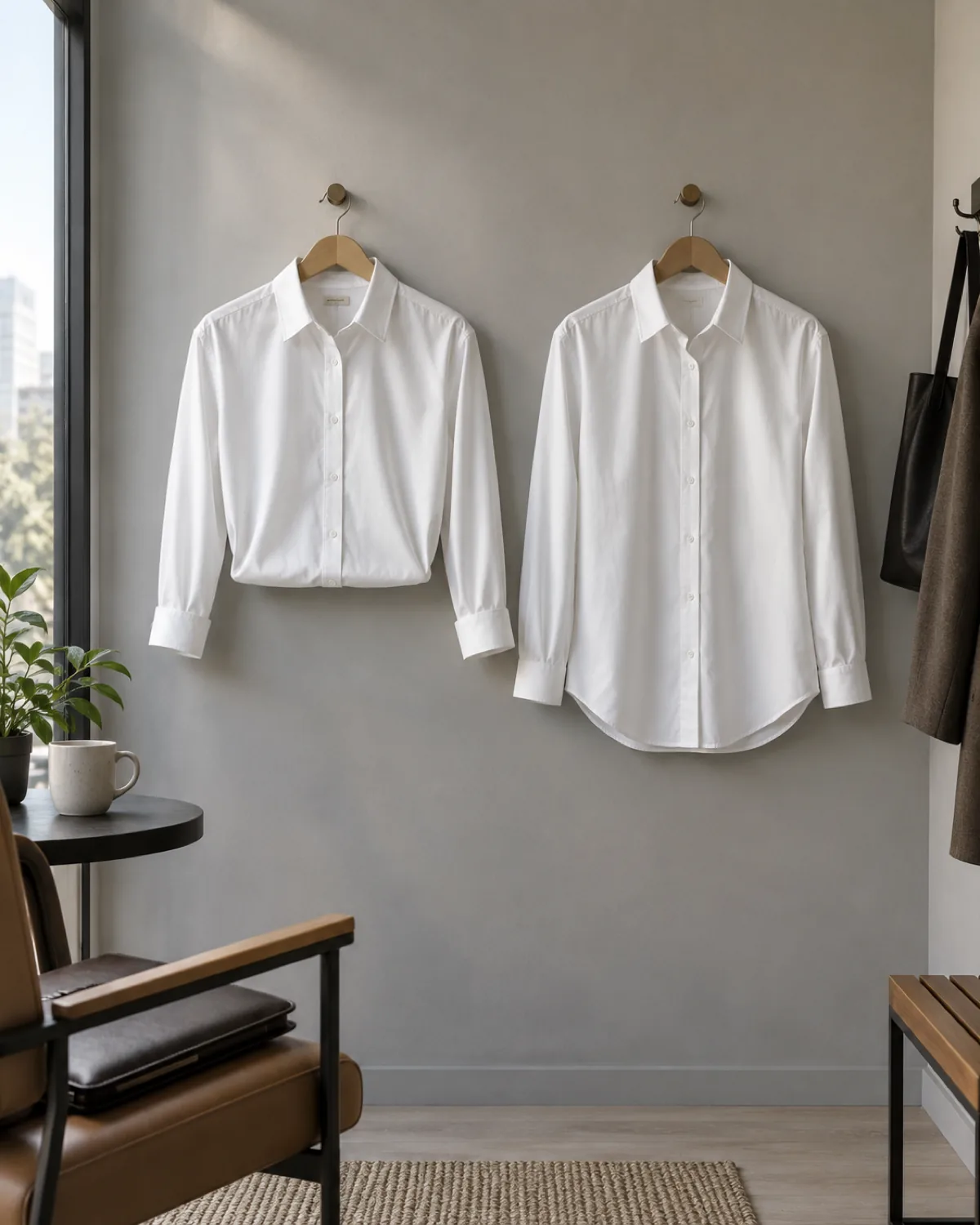 Two identical white cotton button-down shirts hanging side by side on wooden hangers against a warm grey wall, the left shirt with its hem folded inward to show a tucked silhouette and the right shirt hanging with its full-length hem loose
