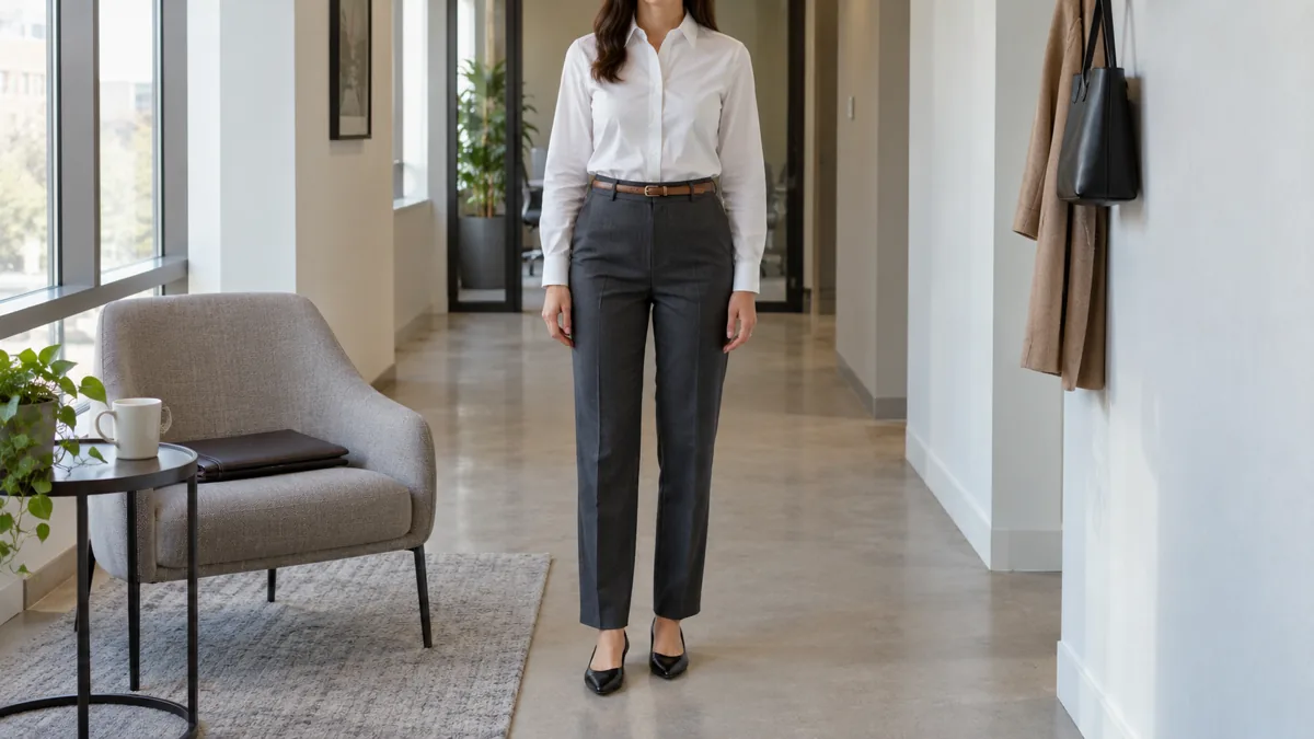 A woman standing straight-on in an office hallway wearing a white cotton poplin button-down shirt fully tucked into charcoal tailored trousers with a cognac leather belt and black pointed-toe flats