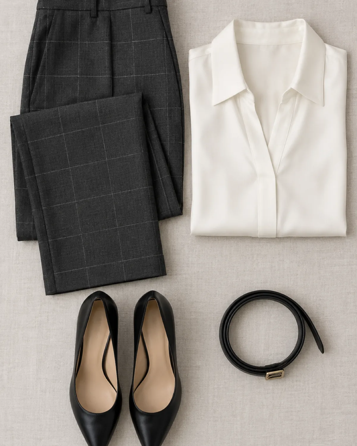 Overhead flat-lay of charcoal windowpane check trousers with subtle light-grey lines folded neatly, an ivory silk collared blouse folded beside them, black pointed-toe pumps below, and a slim dark leather belt coiled to the side, all on a light linen surface