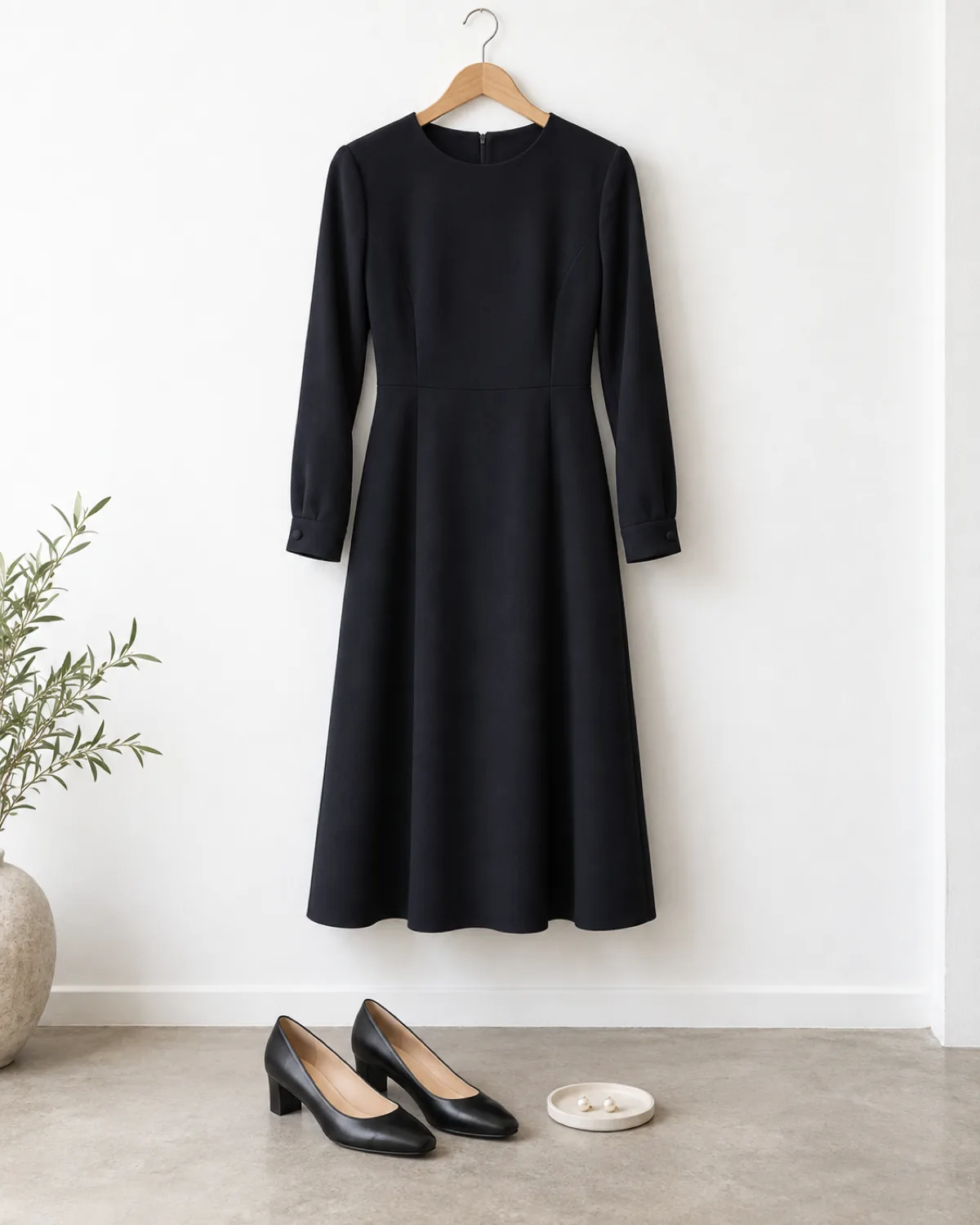 A dark navy long-sleeve midi dress with a round neckline and buttoned cuffs hanging on a wooden hanger against a white wall, with black low-heeled court shoes and pearl stud earrings placed below