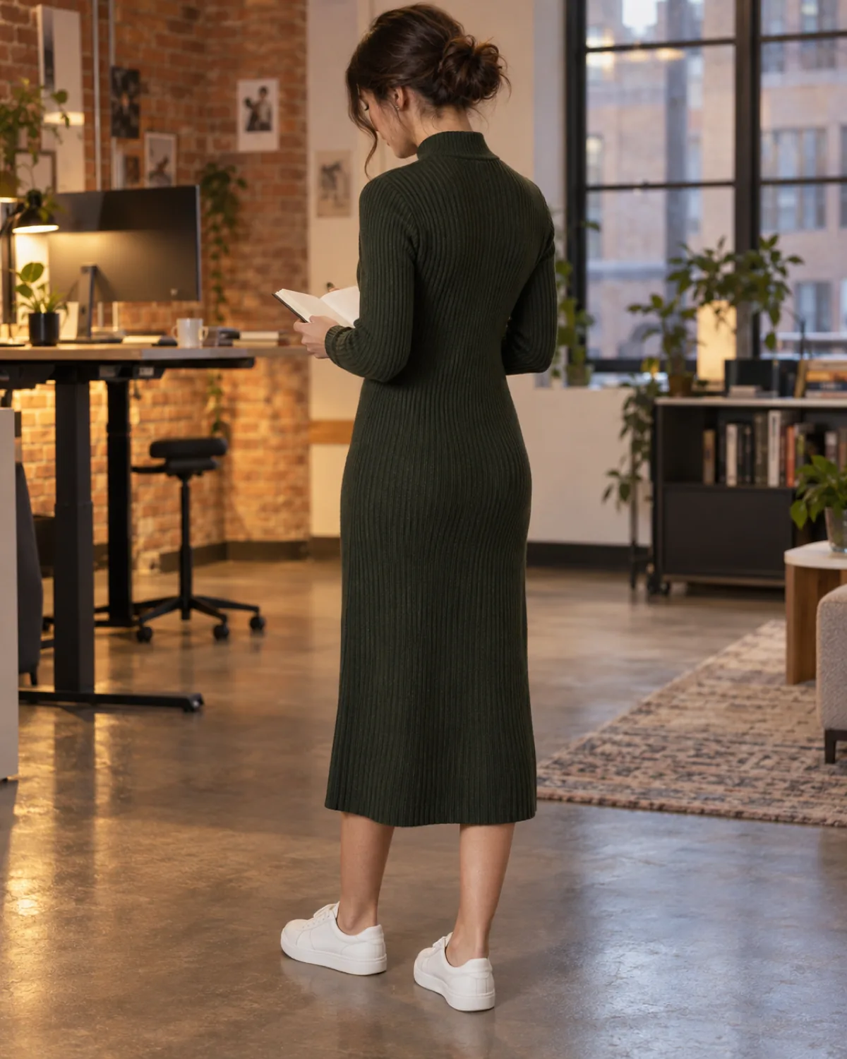 A woman in a modern tech office with exposed brick walls wearing a forest green ribbed knit mock-neck midi dress with white minimalist sneakers, viewed from a back three-quarter angle while looking down at a notebook