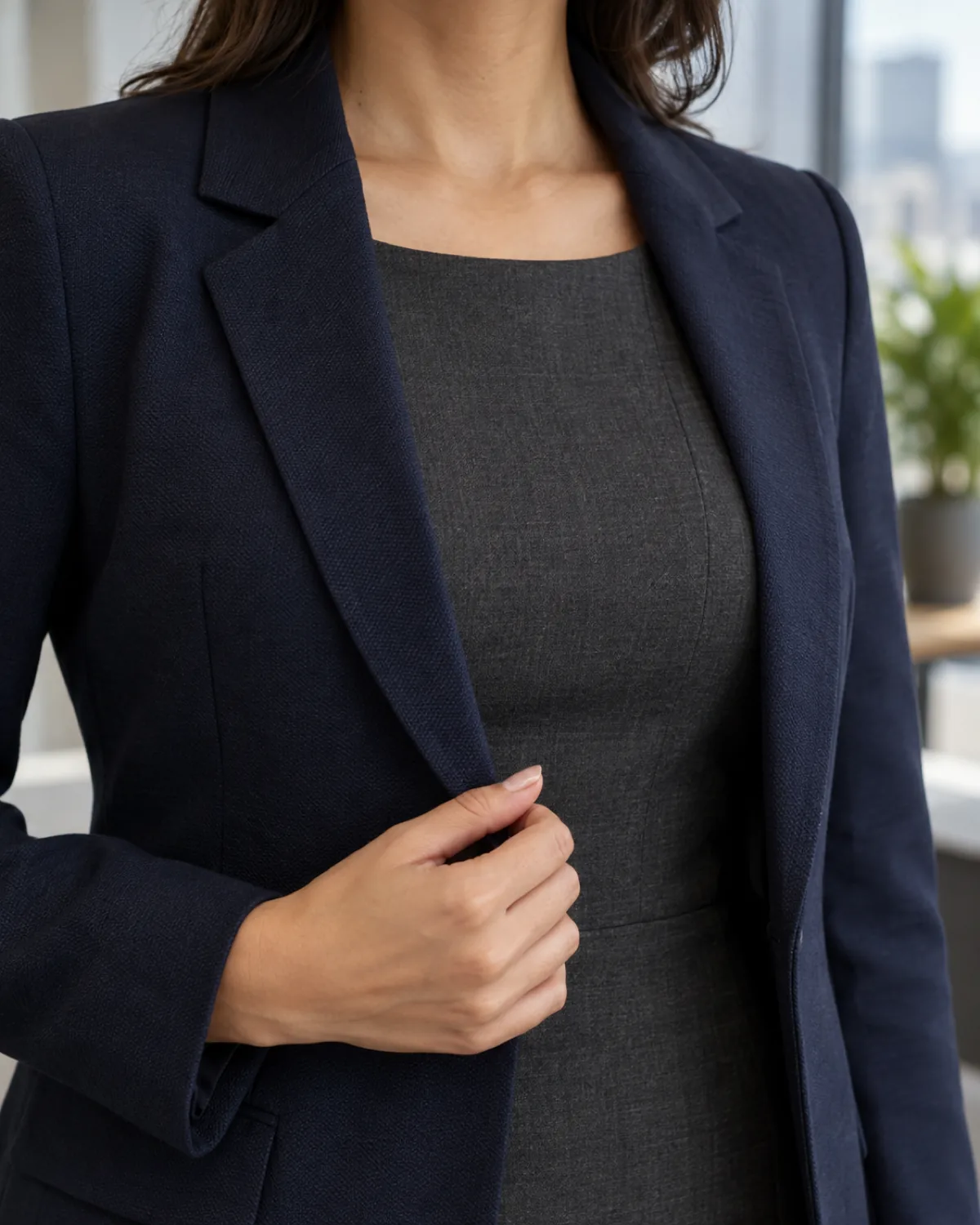 Close crop on the shoulder and collar line of a navy blazer worn over a charcoal sleeveless sheath dress, one hand adjusting the blazer lapel, showing the two layers as distinct garments