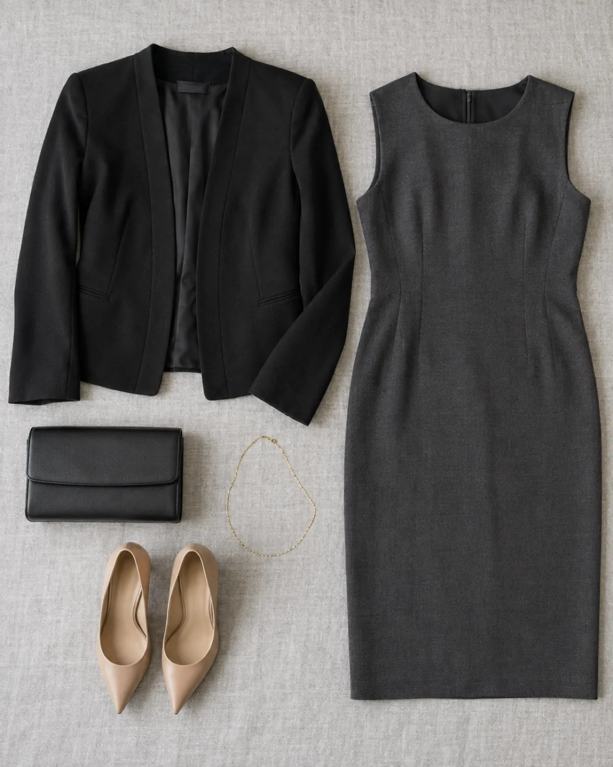 Flat-lay of a black collarless blazer, charcoal column dress, nude pumps, gold chain necklace and black leather clutch on grey linen