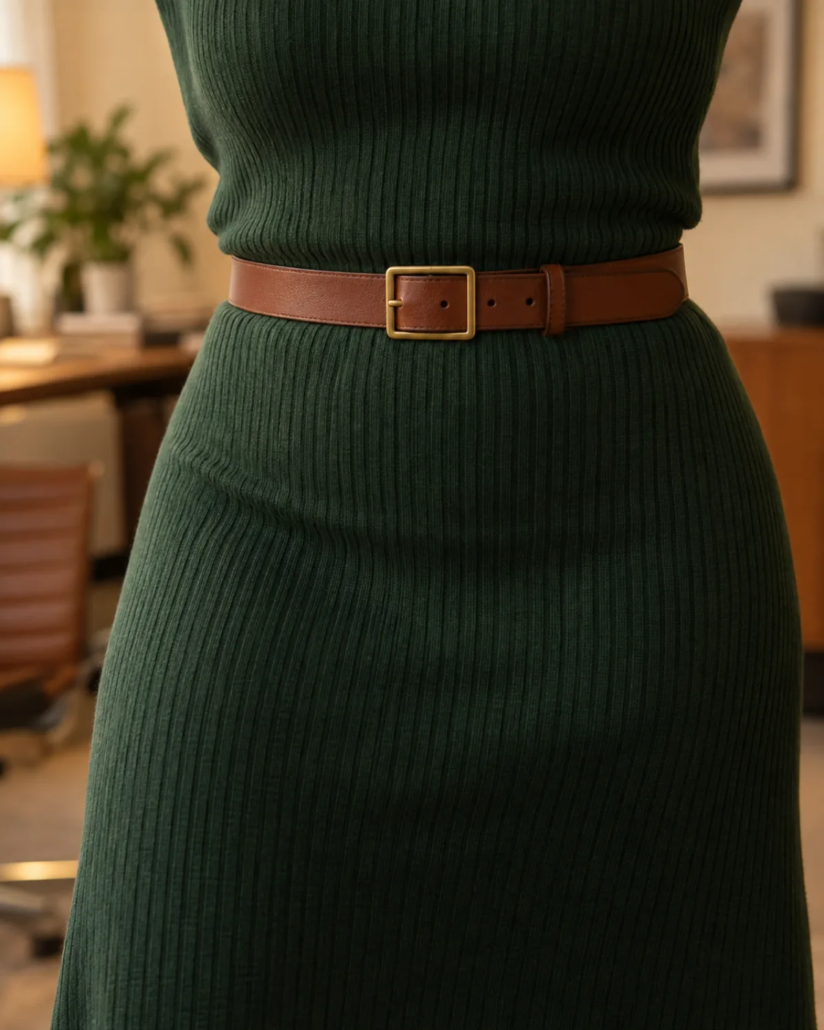 Close-up of a midsize woman's waist showing a forest green ribbed knit midi dress cinched with a cognac leather belt